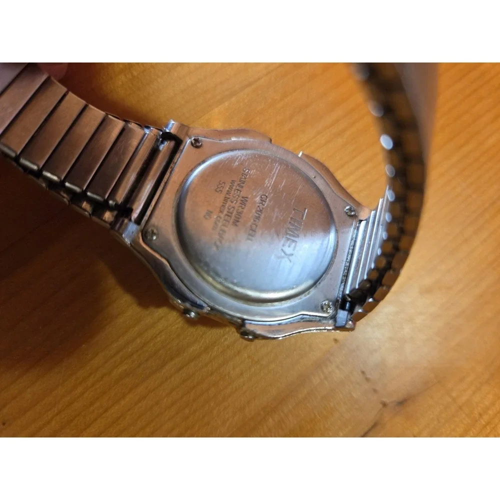 Vtg Timex Indiglo Men 36mm Watch LCD Digital Silver Tone Stretch Band New Batery